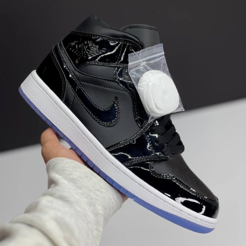 نایک ایر جردن وان ساقدار ورنی مشکی سفید NIKE AIR JORDAN 1 MID SPACE JAM BLACK