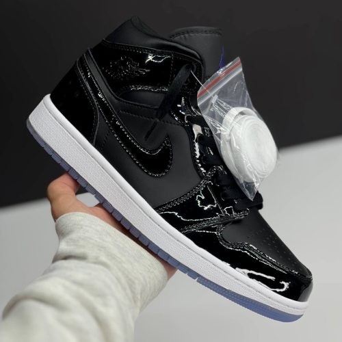 نایک ایر جردن وان ساقدار ورنی مشکی سفید NIKE AIR JORDAN 1 MID SPACE JAM BLACK